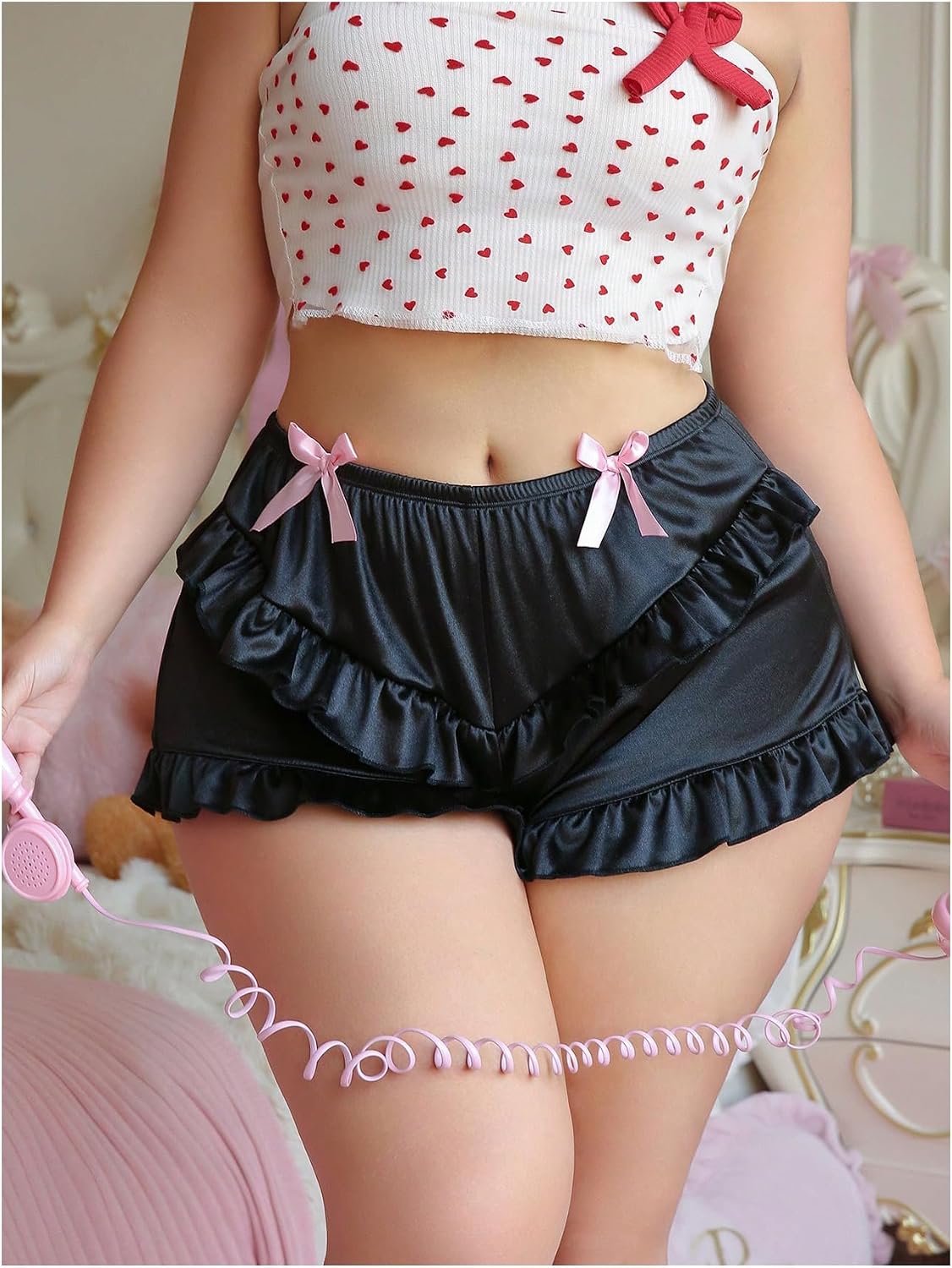 SHENHE Women's Plus Size Satin Boyshorts Underwear Mid Rise Ruffle Trim Bow Panty Shorts