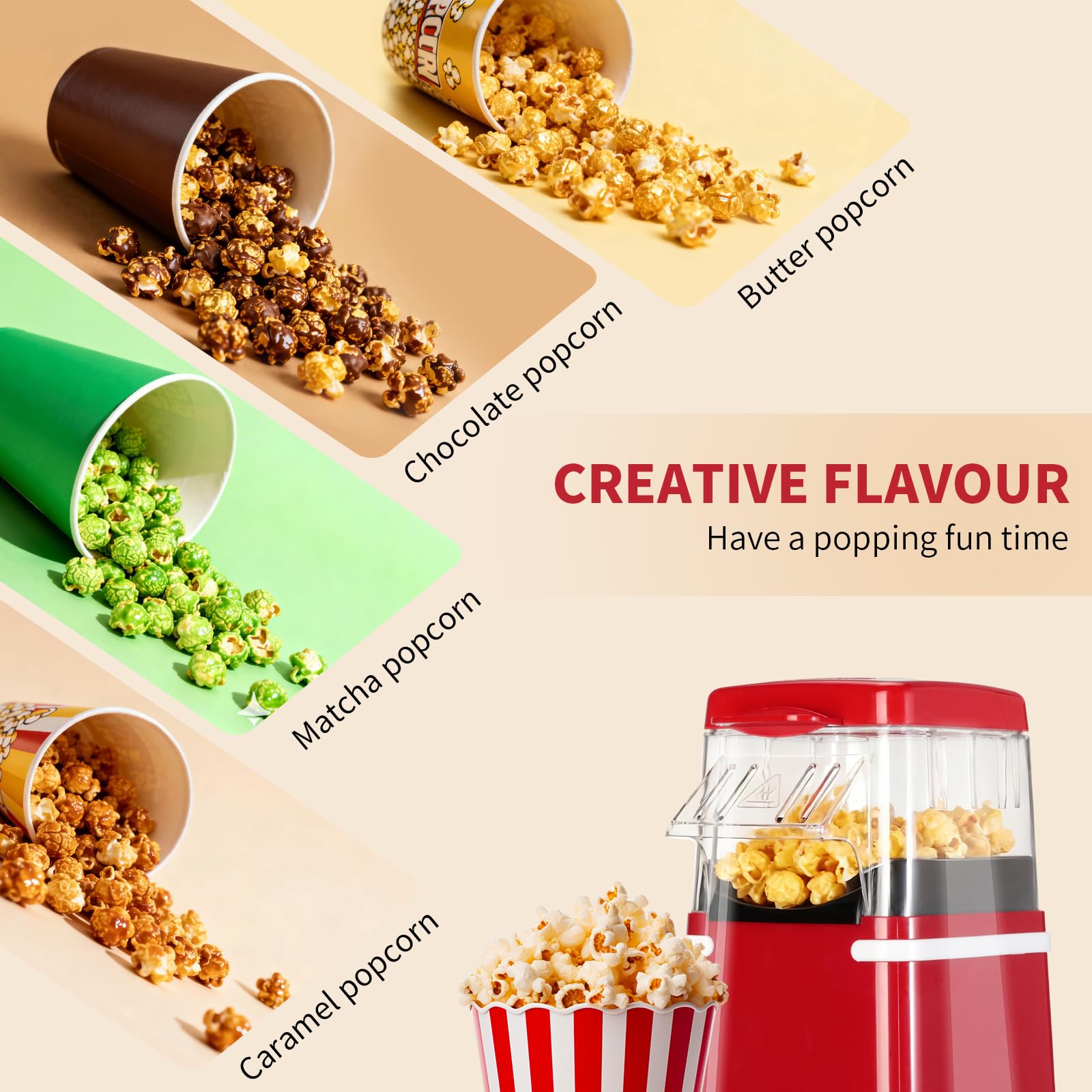Cozary Macchina Popcorn, Macchina Per Popcorn ad Aria Calda Da 1200 W Con Misurino, One-Touch,Senza Grassi, 2 Minuti Veloce, per il Cinema Casa, le Serate Cinematografiche,Natale, le Feste,Retro