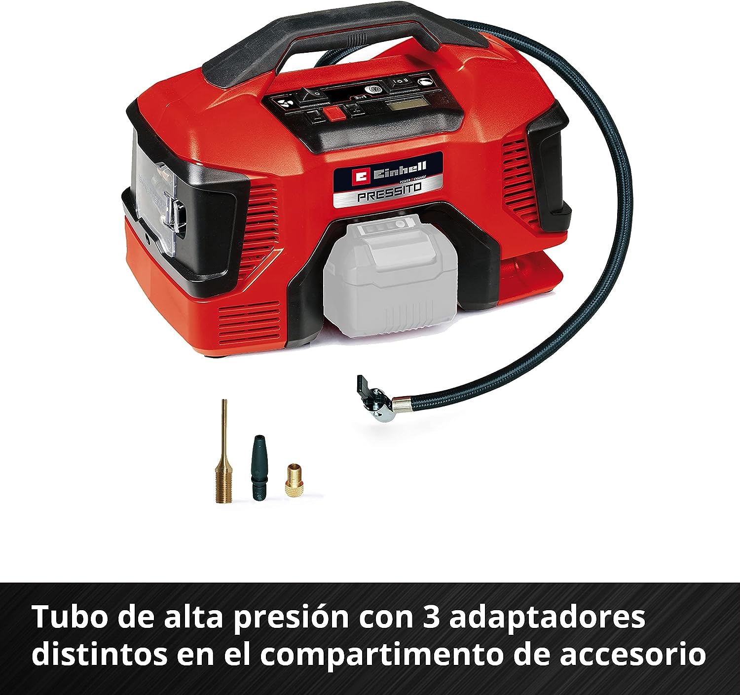 Einhell Compresor con batería PRESSITO 18/21 Power X-Change (iones de Li, 18V, bomba de alta y baja presión, indicador de presión digital, función de apagado de auto, sin batería ni cargador)