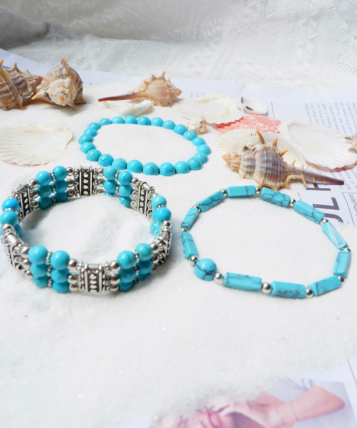 3Pcs Turquoise Stretch Bracelets for Women - Healing Stone Beaded Boho Jewelry, Adjustable Western Handmade Bracelet Set for Summer Beach Festival