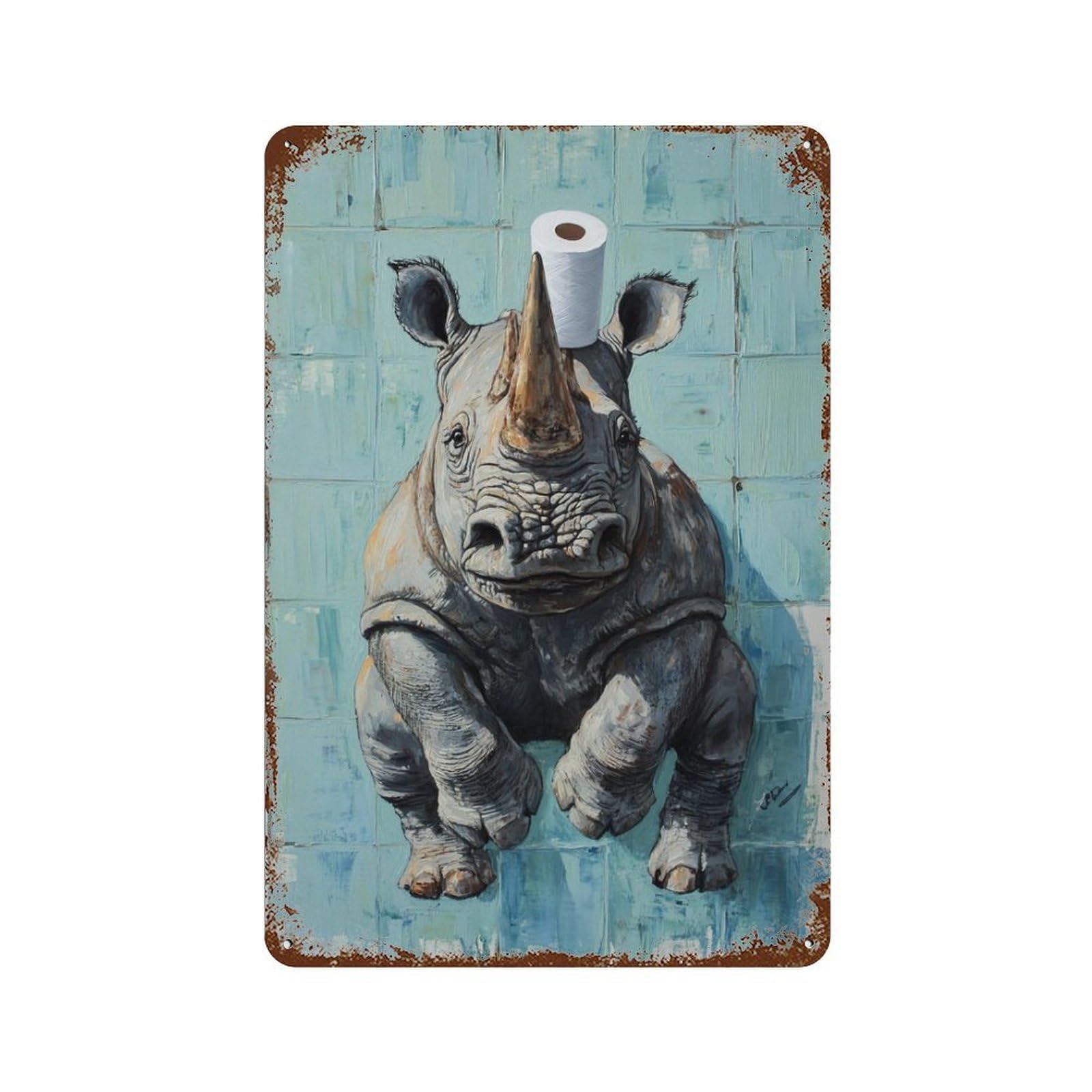Rhino with Toilet Paper Roll on Head 11.8"x7.9" Distressed Metal Wall Sign, Shabby Chic Decor for Shed, Workshop And Garage Wall Decor