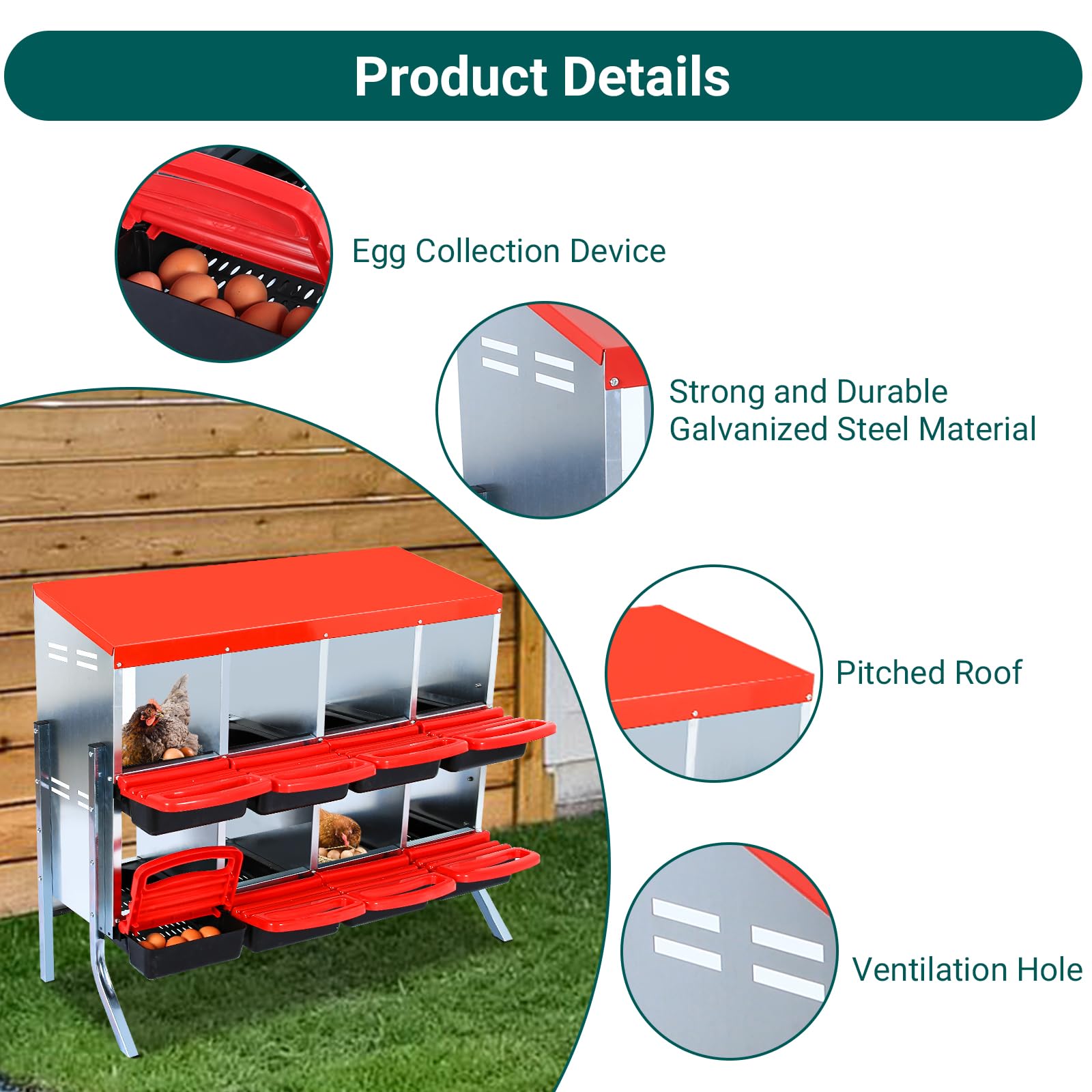 Box Nido Per Galline Ovaiole Metallo Zincato Struttura 6 Scomparti Sistema Raccolta Uova Automatica Vassoio Estraibile Ottima Ventilazione Facile Pulire Accessorio Pollaio Installazione Parete Terra