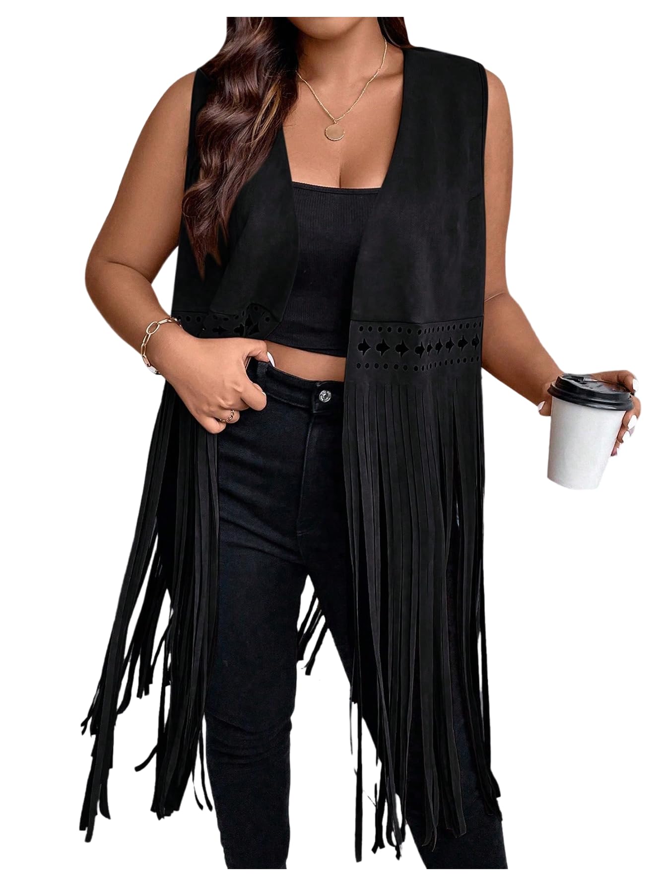 WDIRARA Womens Plus Size Fringe Hem Faux Suede Open Front Cardigan Vest Coat