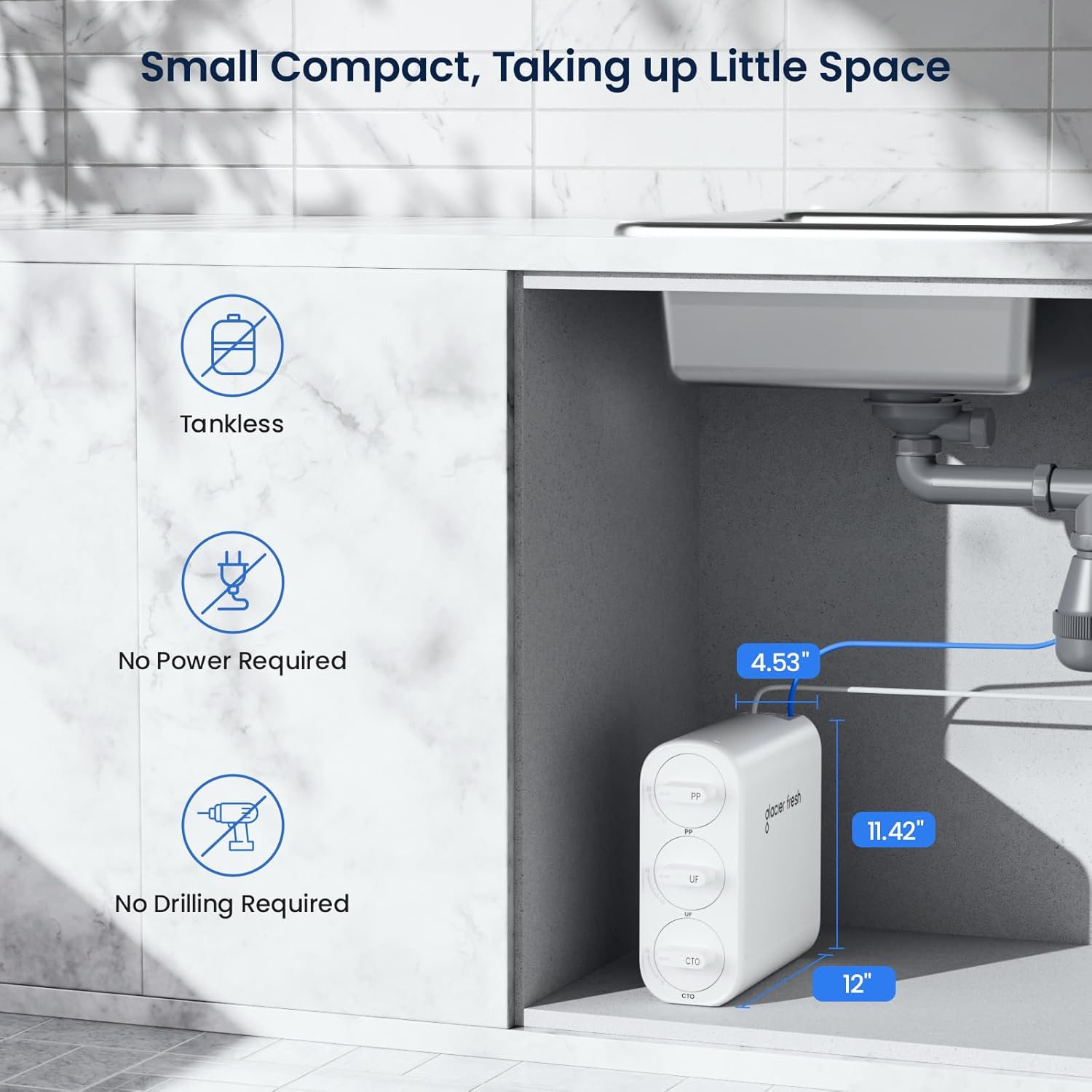 GLACIER FRESH GFU06 0.01μm Ultra Filtration Under Sink Water Filter System, Tankless Ultra Compact Design, with Faucet, No Electricity & Waste Water, Preserve Beneficial Minerals No TDS Reduction