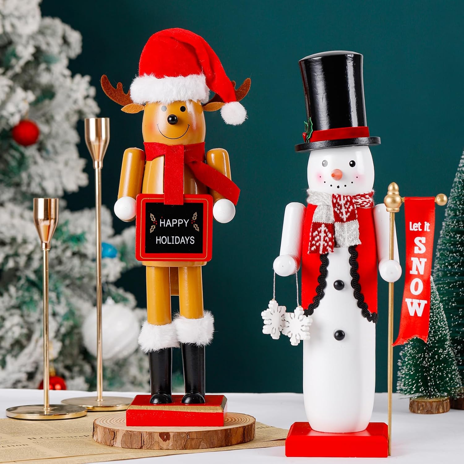 2Pcs 14inch Christmas Nutcracker Wooden Nutcracker Snowman Reindeer for Mantle Tabletop Christmas Decor