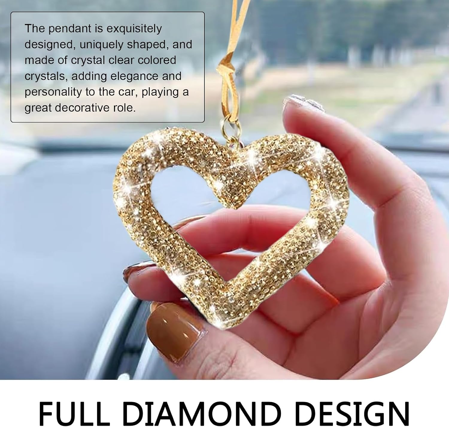 Bling Heart Car Hanging Accessories, Crystal Rhinestone Rearview Mirror Hanging Ornaments, Cute Diamond Rear View Mirror Charm Pendant Ornaments, Auto Interior Decor for Women (Yellow) image 3