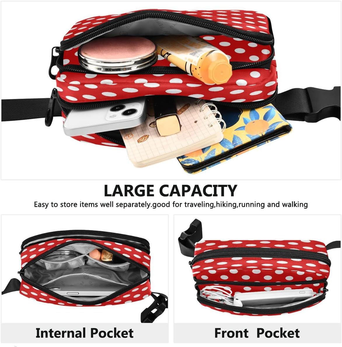 ALAZA Polka Dot Red White Waist Packs Spot Belt Bag Crossbody Bag Fanny Pack Pouch for Men Women Hiking Running Cycling Traveling - Image 4