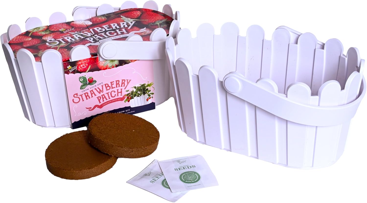 BUZZY Seeds Strawberry Grow Kit Large White Picket Fence Berry Basket with Grandian Strawberry Seeds, Indoor Plant Starter Kit, DIY Home Project Gardening Gift