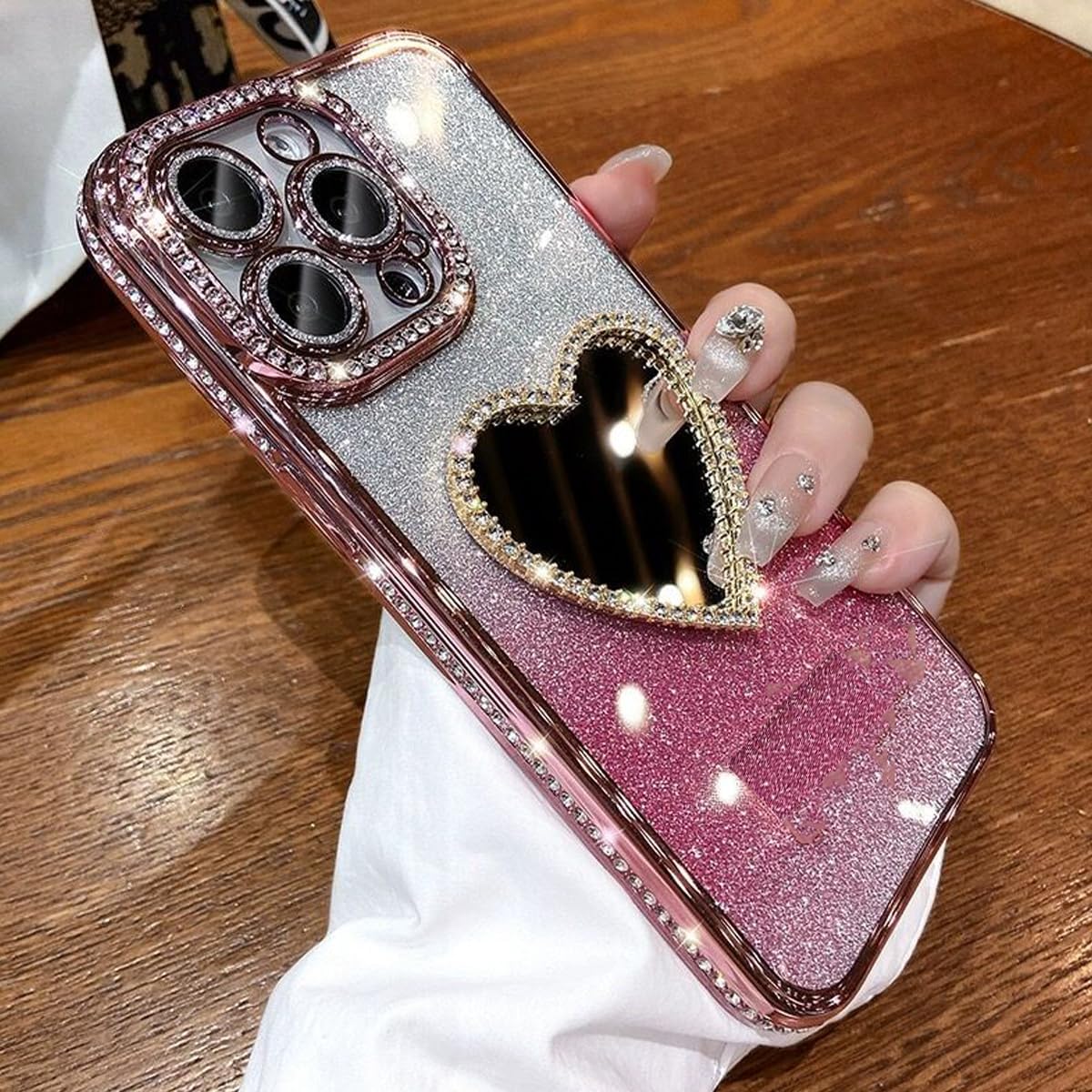 Glitter Mirror Case for iPhone 16 Pro Max,Luxury Diamond Heart Makeup Mirror Bling Sparkly Rhinestone with Camera Protector TPU Plating Bumper Women Girls Case for iPhone 16 Pro Max 6.9",Pink - Image 7