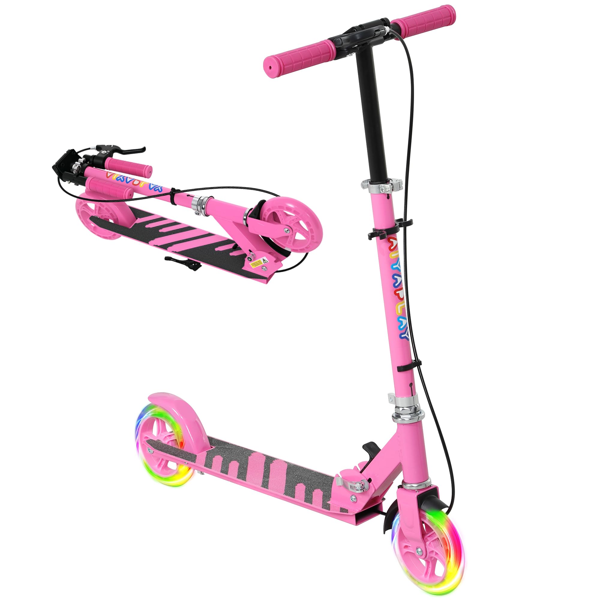 AIYAPLAY Children's Folding Scooter with Adjustable Handlebar, 2 Luminous Wheels, Hand Brake and Rear Brake Scooter for Children from 3 to 8 Years Old Pink