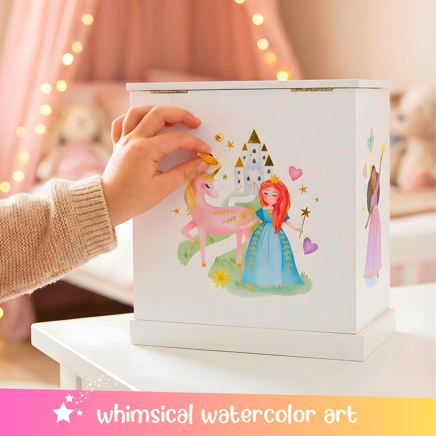 Giggle & Honey Princess Musical Jewelry Box for Girls - Kids Music Box with Drawers, Fairytale Gifts for Girls Birthday, Princess Jewelry Boxes for Ages 3-10 - 9 x 5 x 9.3 in, White