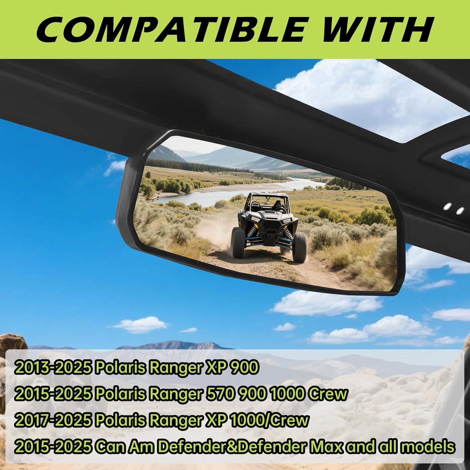UTV Rear View Mirror Compatible with Can Am Defender HD10 HD9 HD8 HD7 HD5,Polaris Ranger 500 570 900 XP 1000 XP/Crew, No Drilling Modification, Easy Installation, Clear and Large Field of View