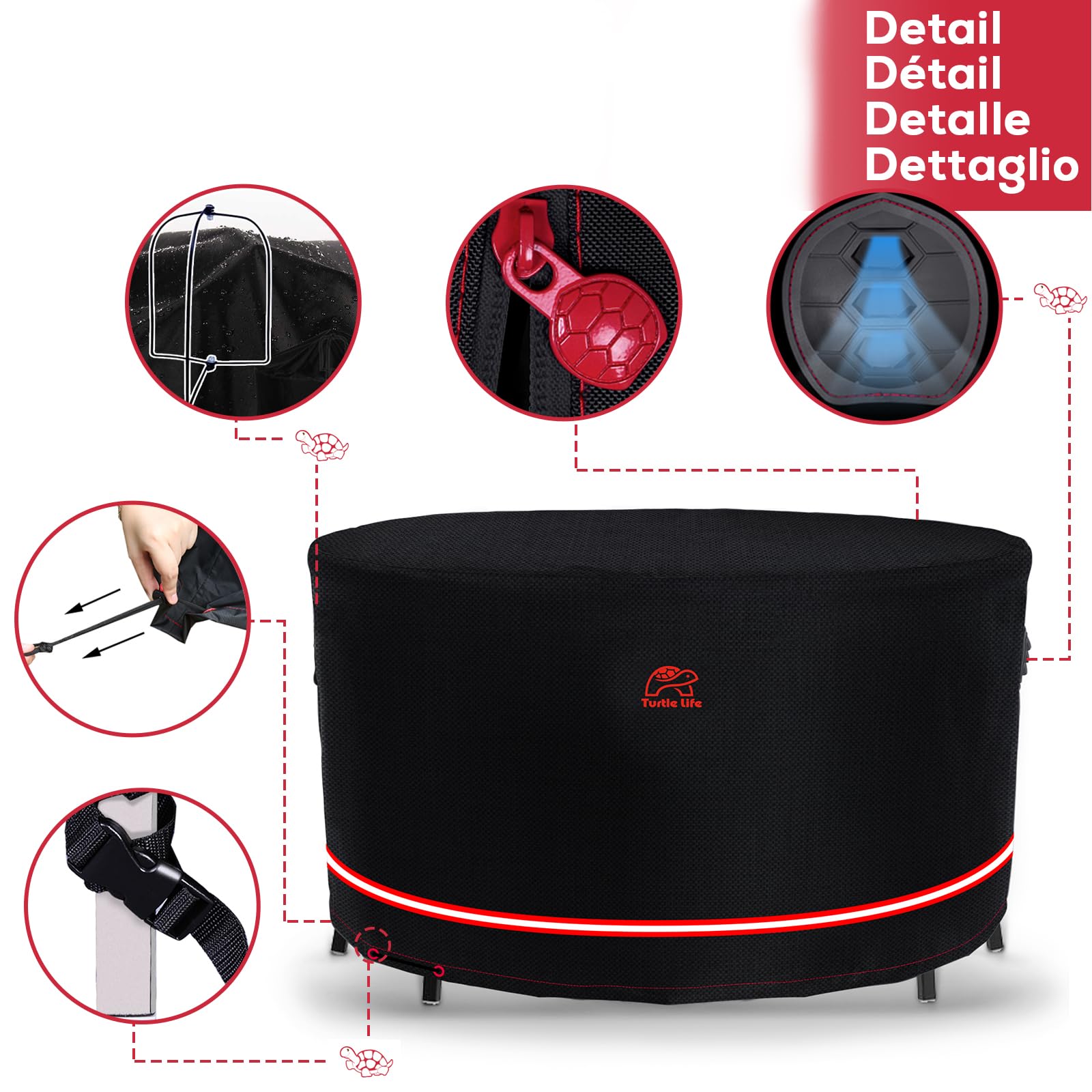 Turtle Life Copertura di protezione per tavolo e sedie rotonde, durevole, resistente all'acqua, per mobili da esterno ed interno, con griglia di ventilazione migliorata, colore nero, diametro 205 x 89