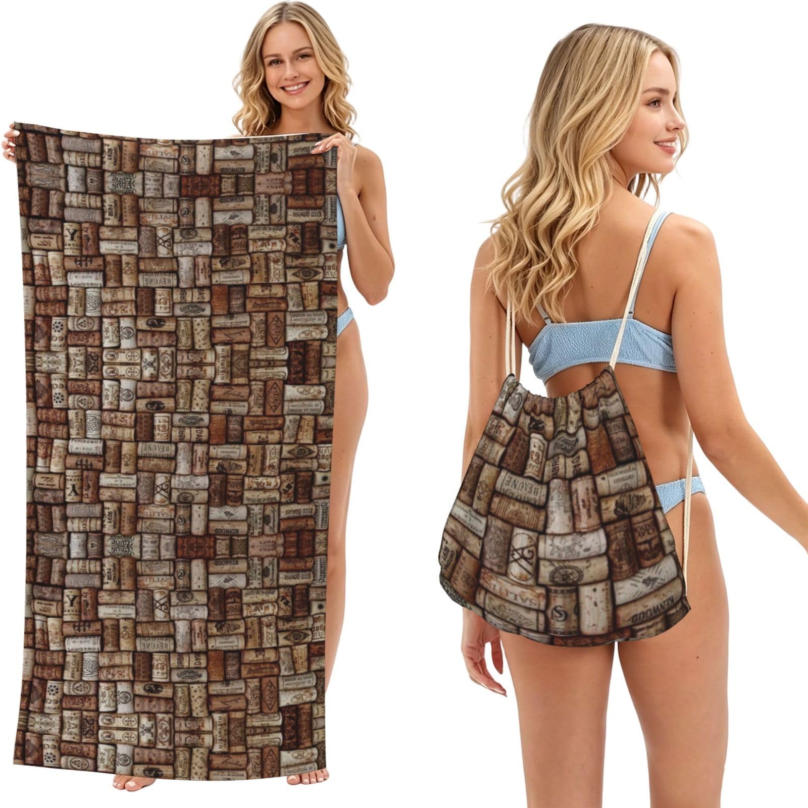EZDLOWVBA Wine Cork Print Beach Towel Backpack 2 In 1 Summer Large Lightweight Beach Towel - Multifunctional Ship Pattern Towel Bag For Storage,Sport