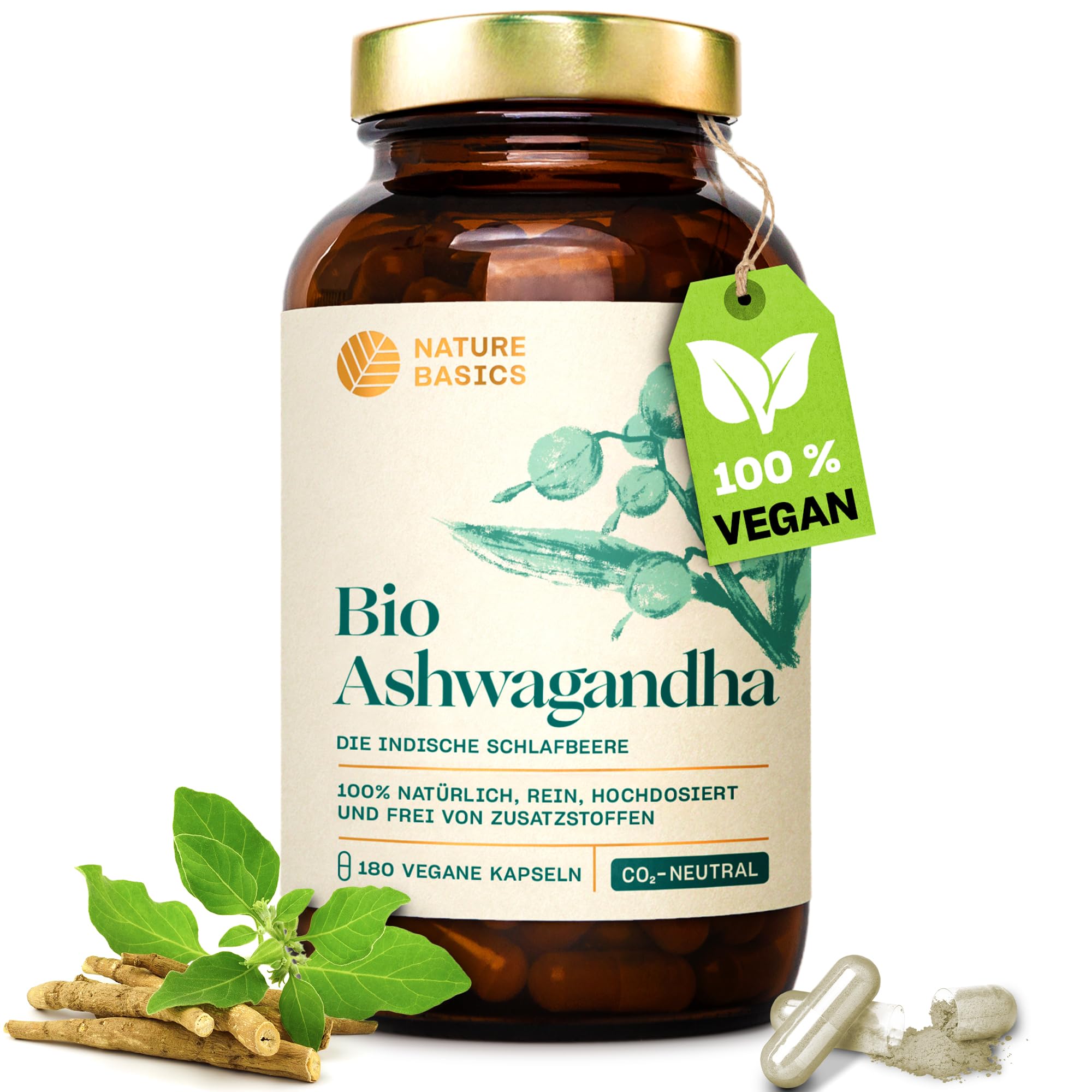 Bio Ashwagandha Kapseln hochdosiert - 180 Kapseln - 1800 mg hochwertiges & reines Ashwagandha Pulver pro Tagesdosis - Indische Schlafbeere - Vegan, Zertifiziert & Nachhaltig im Glas