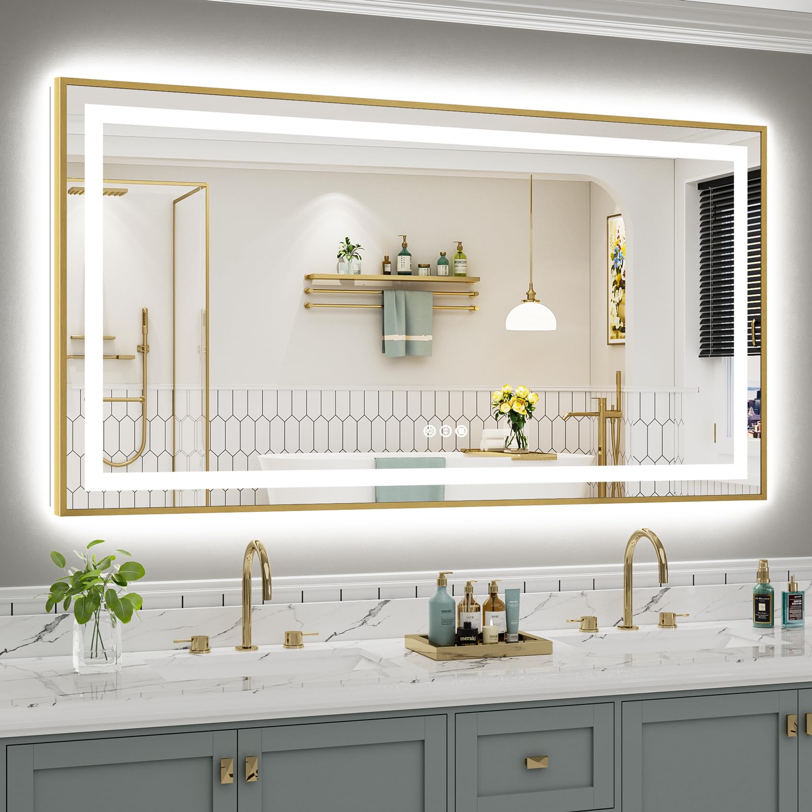 66x36 Inch LED Bathroom Mirror with Gold Frame, Backlit &amp; Front Lit