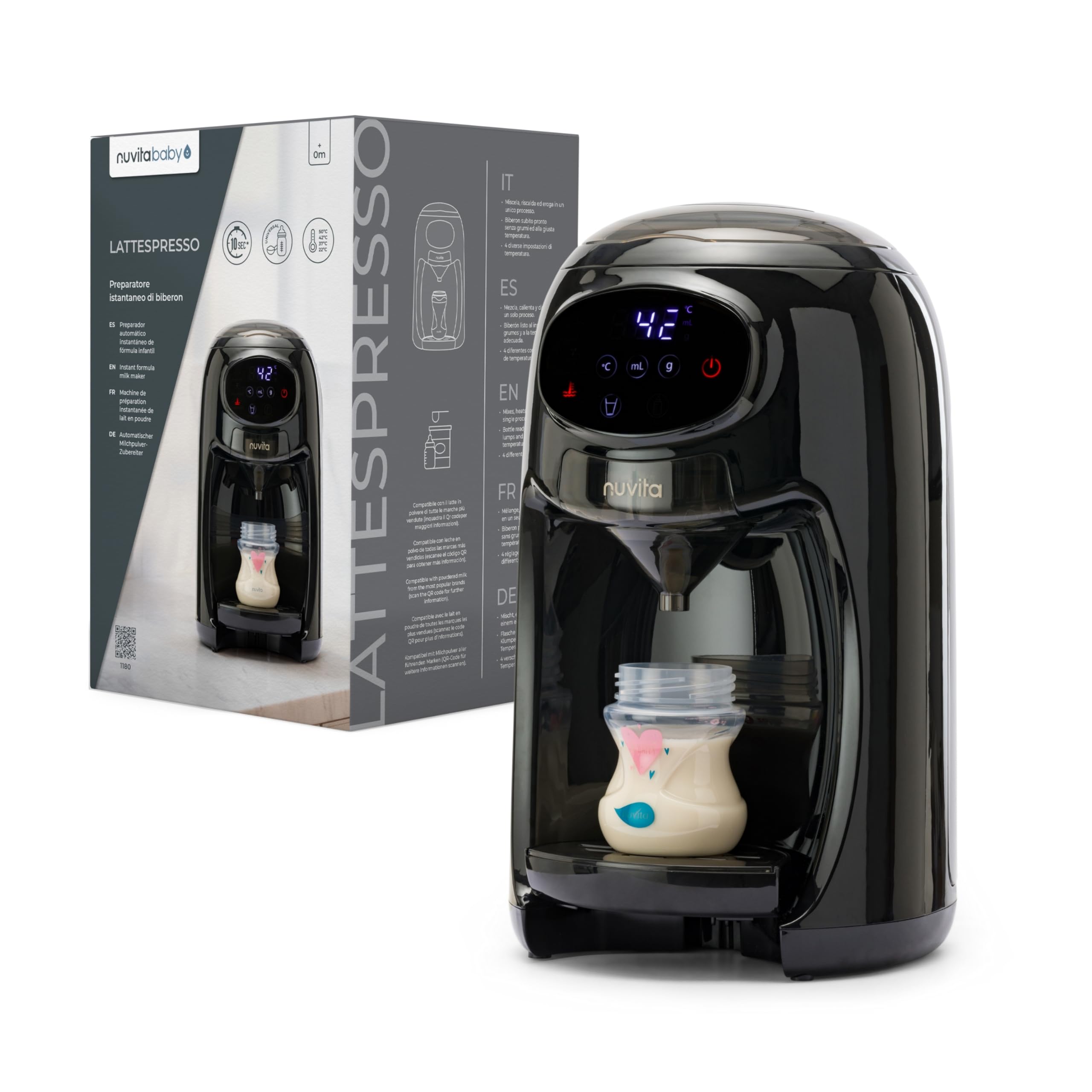 Nuvita 1180 Lattespresso - Preparador instantáneo de leche en polvo, dosificación precisa, calentamiento y mezcla, 4 temperaturas seleccionables, compatible con la mayoría de marcas de leche en polvo