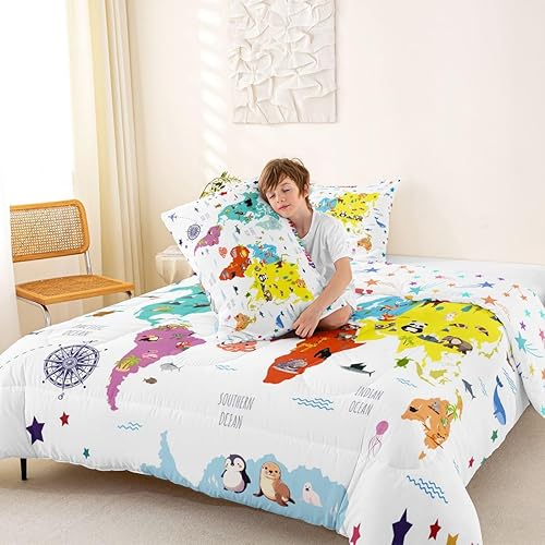 Miniatura 3 de Juego de ropa de cama con mapa de la palabra jejeloiu, diseño de mapa de América para niños, niños, mapa de Europa impreso, edredón ultra suave,