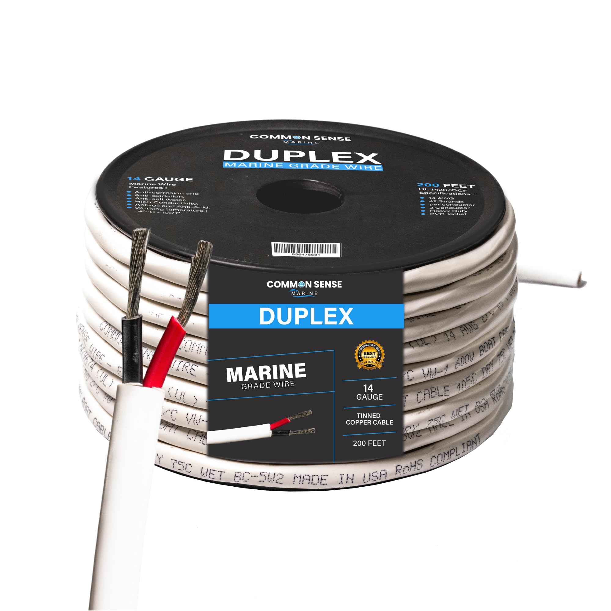 14 Gauge 2 Conductor Marine Wire - 200 ft Duplex Round Marine Grade Wire Tinned Copper Oxygen-Free Insulated - 14/2 AWG UL 1426 Standard PVC Wire for