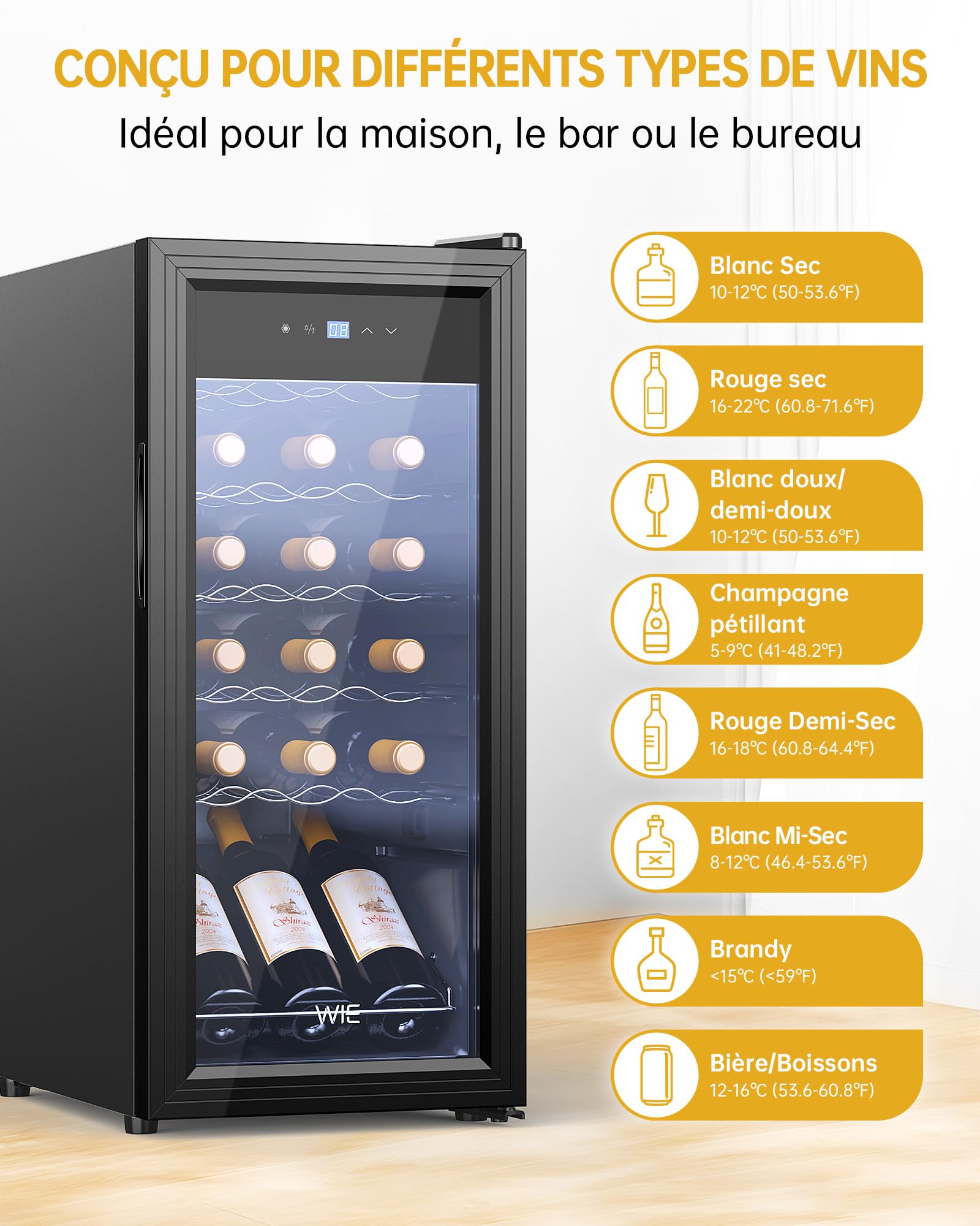 Cave à Vin 18 Bouteilles 53L Réfrigérateur à Vin 5°C-18°C Compresseur Verre Porte Panneau Tactile LED