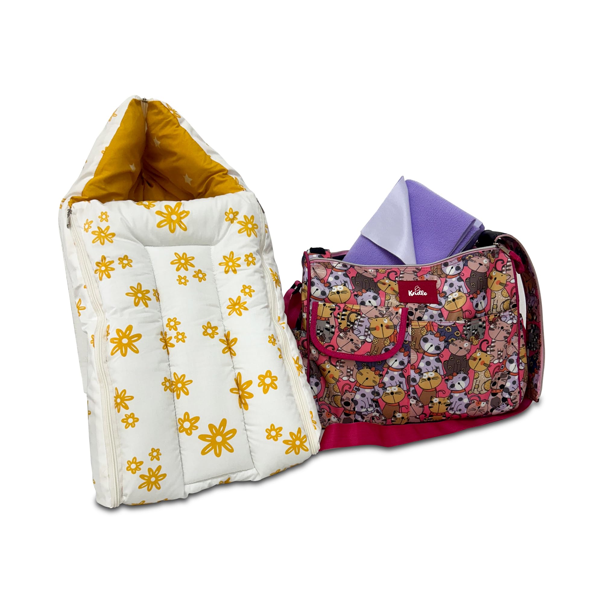 Kridlo Yellow Flowers Baby Nest, Dry Mat & Pink Baby Diaper Bag Combo - Pack of 3, Unisex, Portable, Waterproof, Hypoallergenic, Complete Parenting Solution for Newborns & Infants| TC - 40