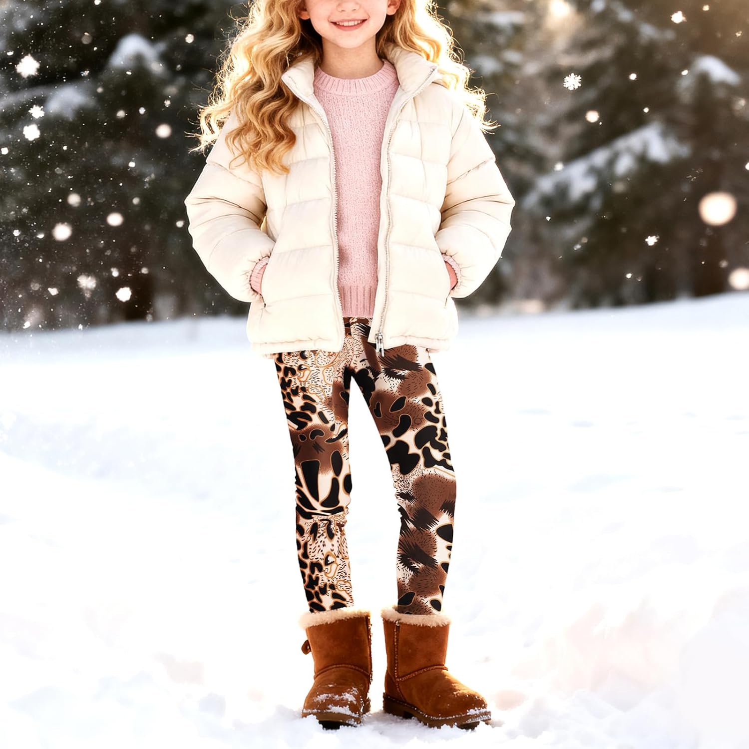 Girls Printing Fleece Lined Leggings Kids Warm Winter Pants Girls Stretch Thick Tights - Image 3