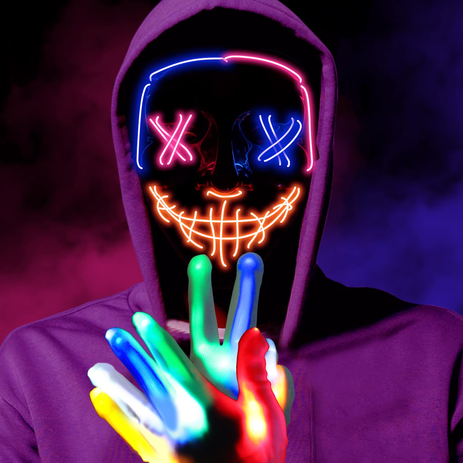 SGQCARHalloween Purge Mask with Glowing Gloves,3 Lighting Modes Led Light Up Mask,Led Purge Mask for Halloween Cosplay Party