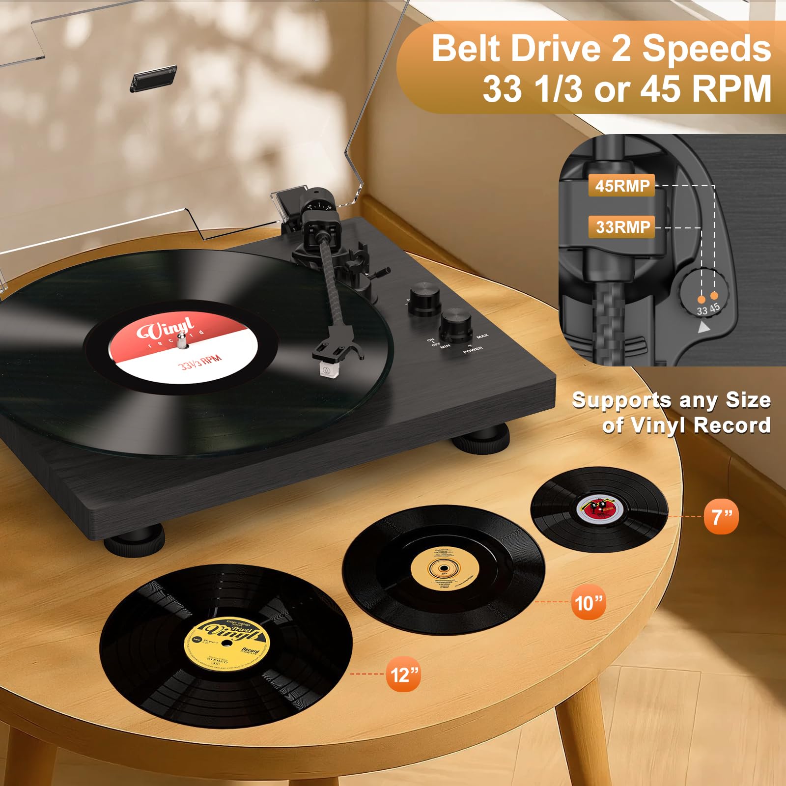 Trynnay Tocadiscos con contrapeso Ajustable, Entrada/Salida Bluetooth, 33/45 RPM, Reproduce Discos de Vinilo de 7/10/12 Pulgadas, Sonido Hi-Fi para Amantes de la música de Vinilo, Negro