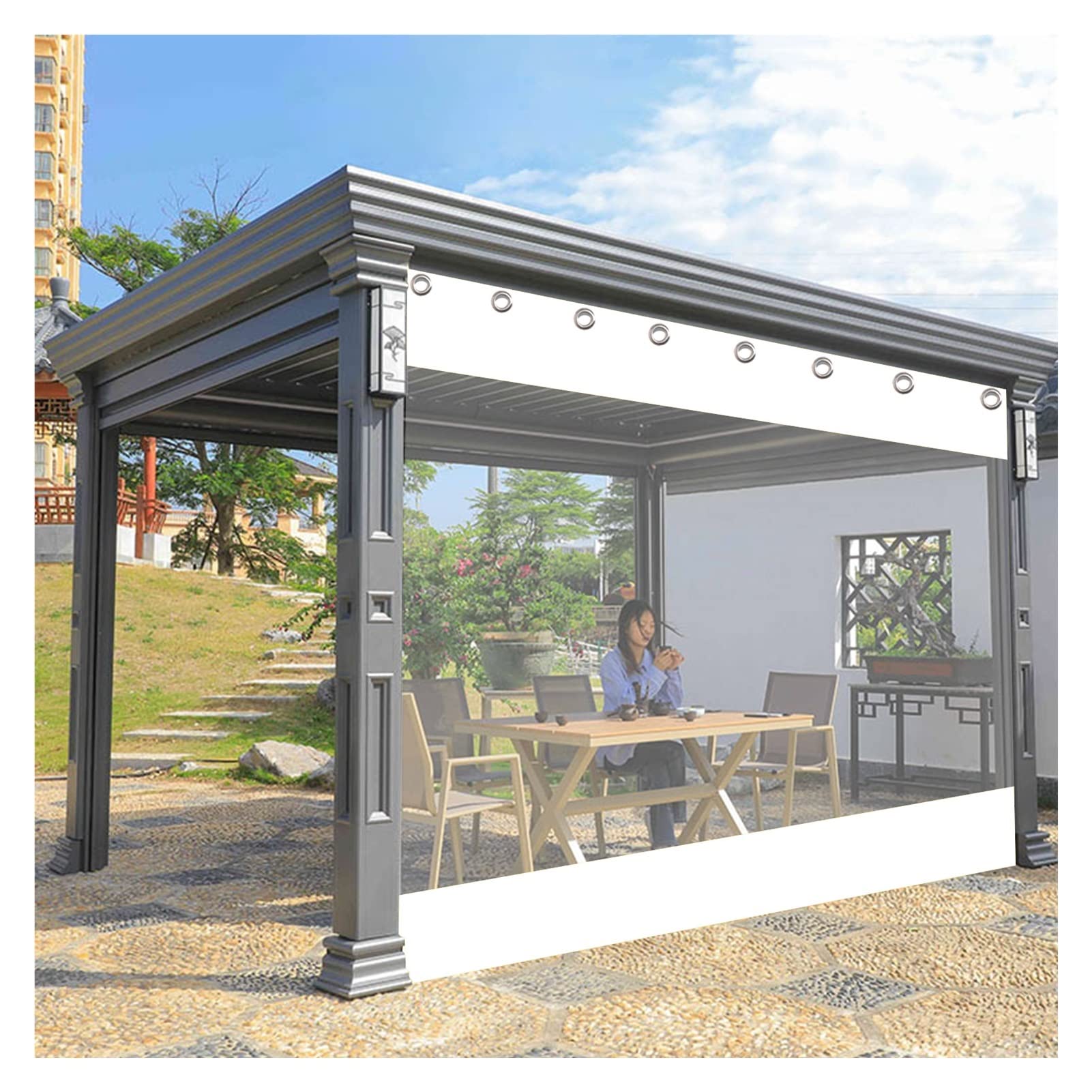 VagxTbs Multiple Colour Outdoor Curtain Heavy-duty Clear Workshop Curtain Garden Patio Gazebo Heavy-duty Waterproof Tarpaulin Side Panels (White,4x2.4m/13.12x7.87ft)