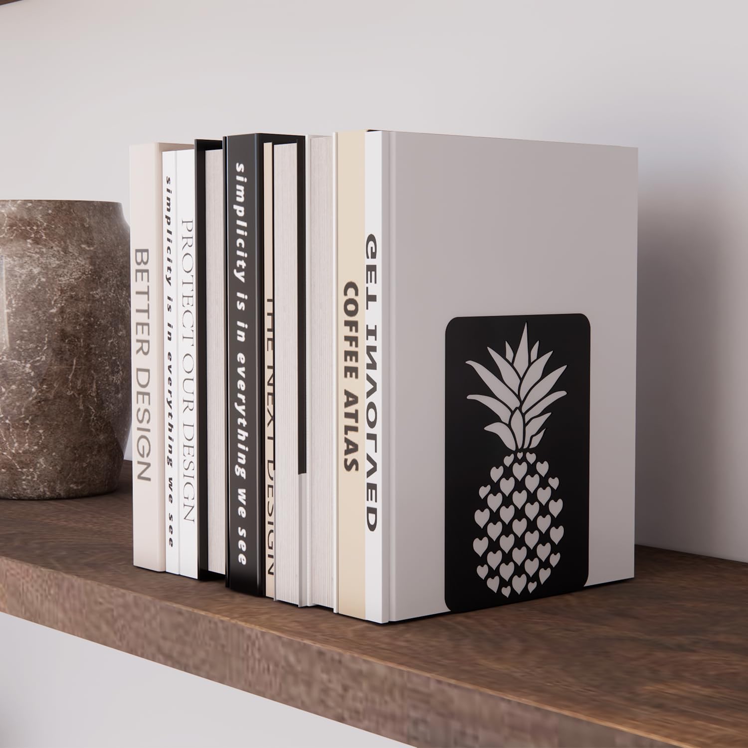 Decorative Metal Bookends for Heavy Books, Sturdy Bookends for Shelves, Cute Book Stoppers, Unique Pineapple Pattern Book Holds (2 Pairs, Black)