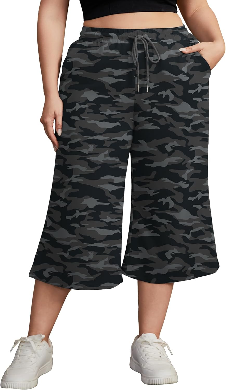 FOREYOND Plus Size Capri Pants for Women Flared Leg Yoga Pants with Pockets Loose Fit Workout Activewear Sweatpants - Image 2