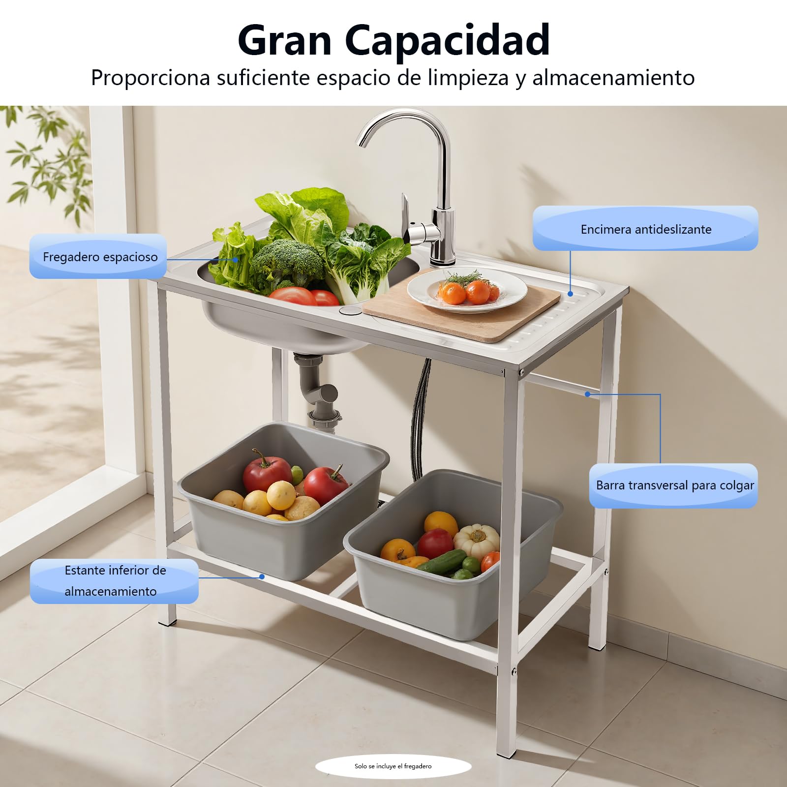 Fregadero de cocina Fregadero de acero inoxidable con mesa de trabajo y grifo, fregadero comercial, mesa de trabajo, fregadero de cocina, fregadero empotrado, 75 x 40 x 76 cm