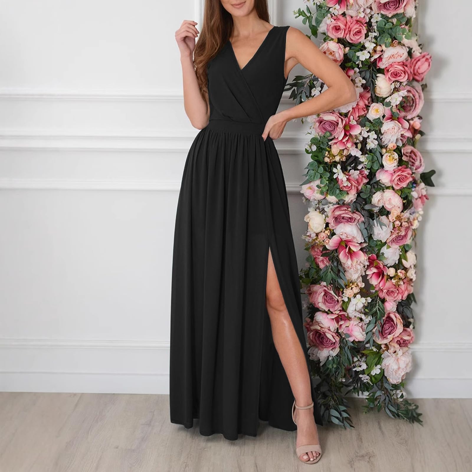 Abendkleider Elegant für Hochzeit Sexy V-Ausschnitt Maxikleid mit Schlitz Lang Bodycon Ärmellos Ballkleider Formeller Festlich Cocktailkleid Abschlusskleid Partykleid Brautjungfernkleider