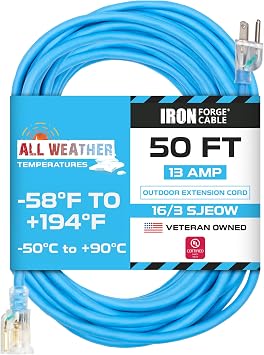 Iron Forge Cable 50 Ft All Weather Extension Cord - Stays Flexible in Extreme Cold & Hot Temperatures from -58F to +194F - 16/3 SJEOW Lighted Outdoor Extension Cord
