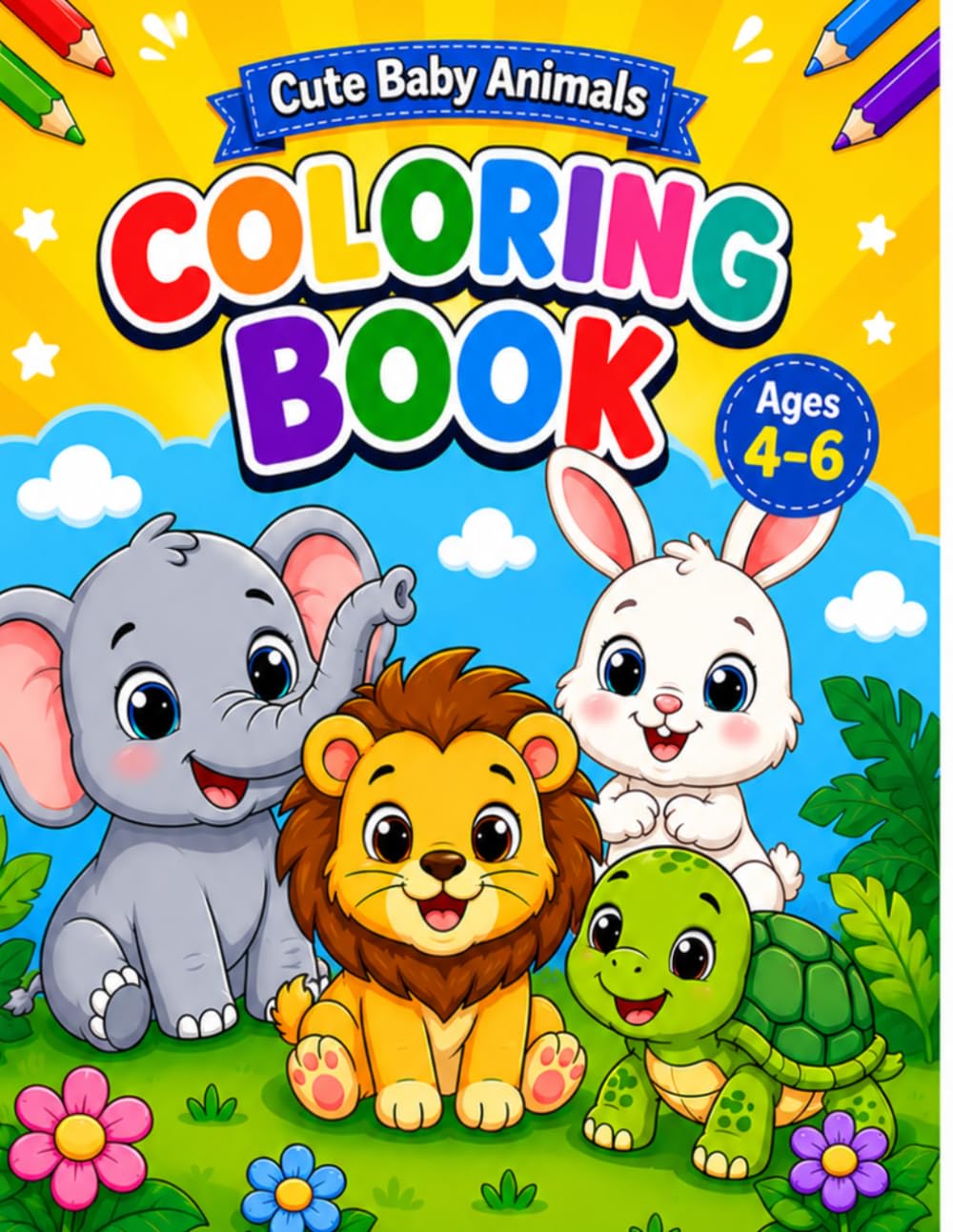 Cute baby animals coloring book: Bold & Easy Jungle, Farm & Ocean Animals with Fun Facts
