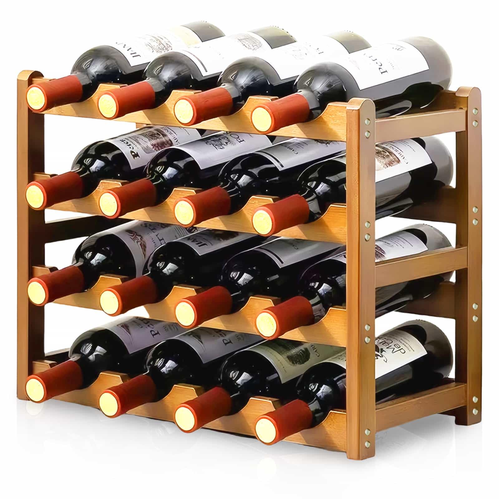 DYUEE Wooden Wine Rack 16 Bottles Wine Storage Holder 4 Tier Free Standing Retro Wine Display Shelf Wine Bottle Organiser Water Bottle Holder for Cabine Cupboard Countertop Kitchen Bar Cellar