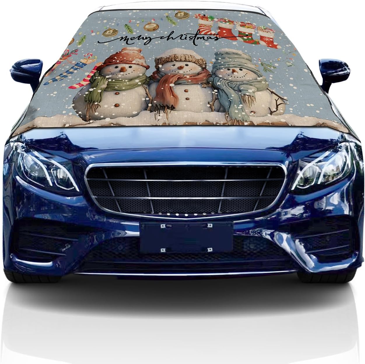 Car Windshield Snow Cover - Christmas Cartoon Snowman with Christmas Stocking Blue Windshield Frost Cover PU Layer Weatherproof UV Ice Wiper, Fits Most Cars Trucks Vans SUV Auto Protector 79"x46"