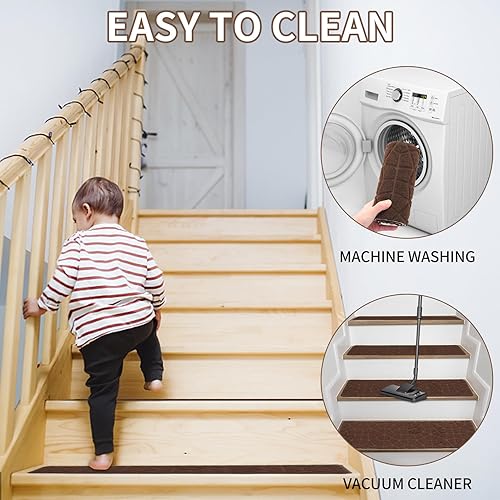 Miniatura 7 de JOYDREAM Alfombras antideslizantes para peldaños de madera, alfombras para escaleras interiores, peldaños y pegas, paquete de 15 fundas para