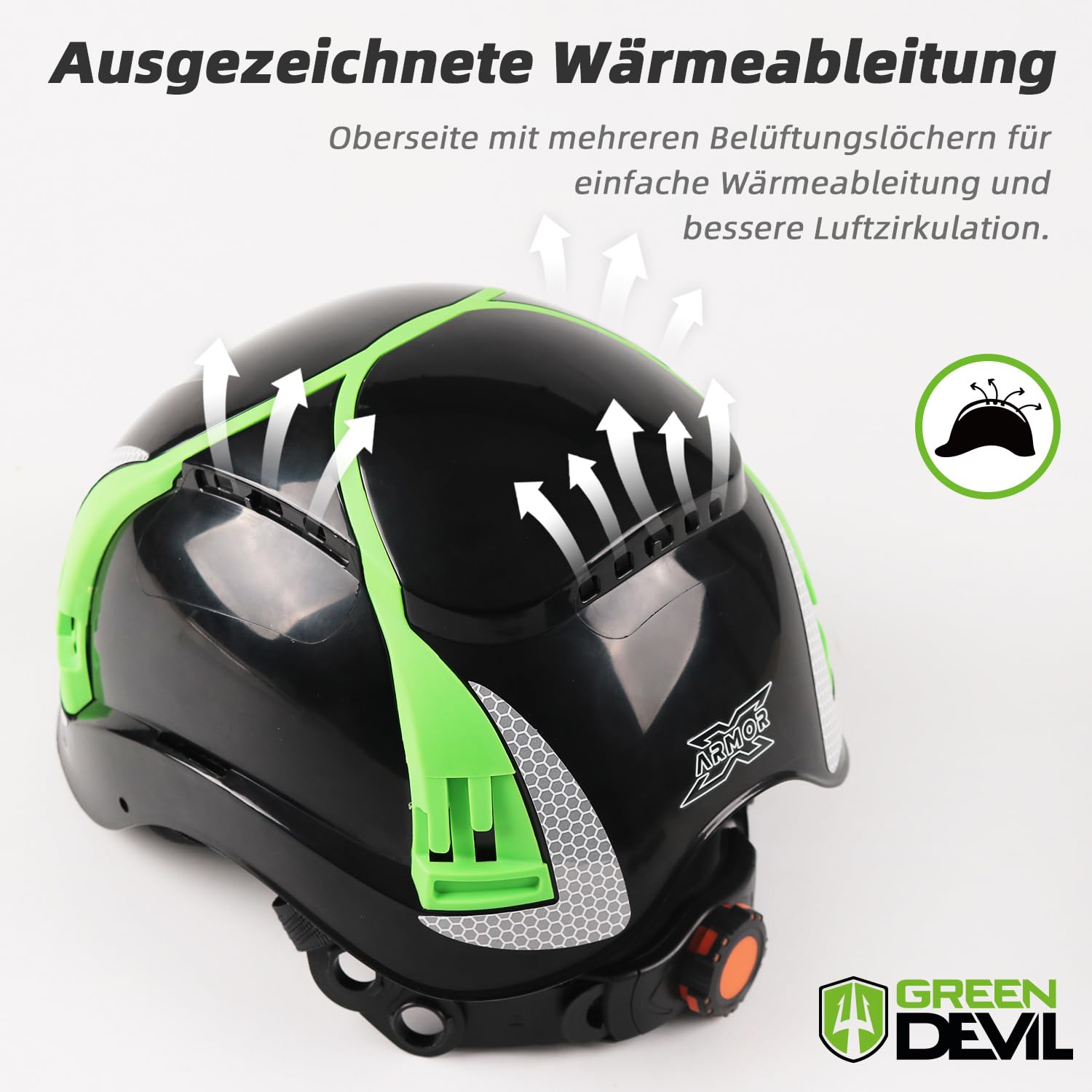 GREEN DEVIL X-Armor - Casco de seguridad EN 397, ABS con protección EPS antigolpes, suspensión de 6 puntos, ventilada, ajuste con una sola mano, 53-63 cm, para construcción e industria