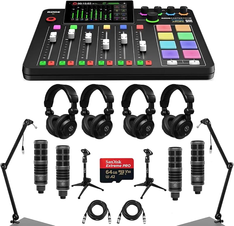 Rode RODECaster Pro II Consola de estudio de producción de audio integrada, paquete con 2 brazos de transmisión, 4 micrófonos de audio torniquete, auriculares, soporte para micrófono, cable XLR, tarjeta SD de 64 GB
