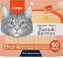 Petisco para gatos Wanpy Creamy Atum e Salmão Pacote com 50 tubos de 14g - 700g