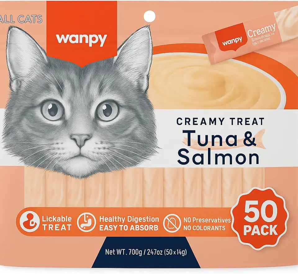 Petisco para gatos Wanpy Creamy Atum e Salmão Pacote com 50 tubos de 14g - 700g