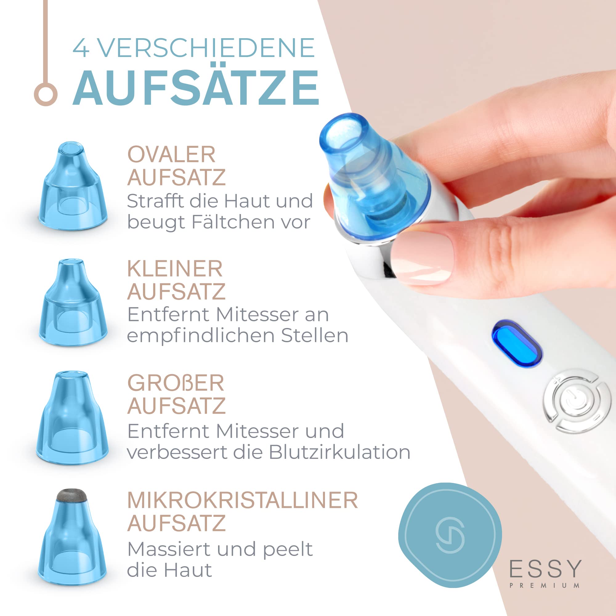 Essy Mitesserentferner Gesichtsreinigungsgerät zur Pickel-Absaugung (Blau) | Tiefenreinigung der Poren, 5 einstellbare Intensitätsstufen, wiederaufladbar, 4 Saugaufsätze, für alle Hauttypen geeignet