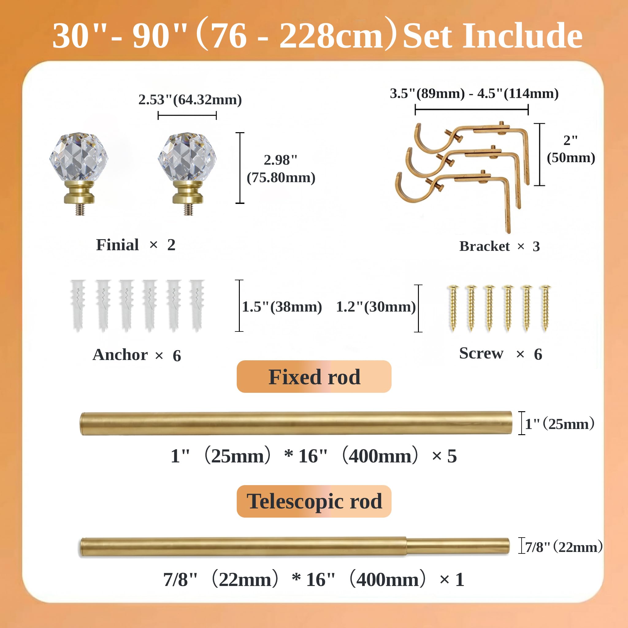 Tringle à Rideau Décorative Télescopique en Métal Galvanisé Or Brosse avec Embout Acrylique Polygonal, réglable 76-228cm pour fenêtres standard salon chambre cuisine, 25mm, supporte 13,6 kg