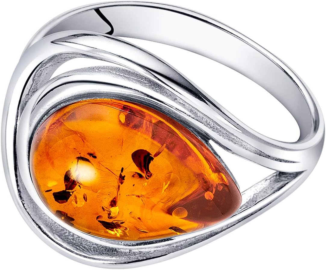 PEORA Genuine Baltic Amber Teardrop Statement Ring for Women in Sterling Silver, Rich Cognac Color, Open Halo Swirl Design, Comfort Fit, Sizes 5 to 9 - Image 3