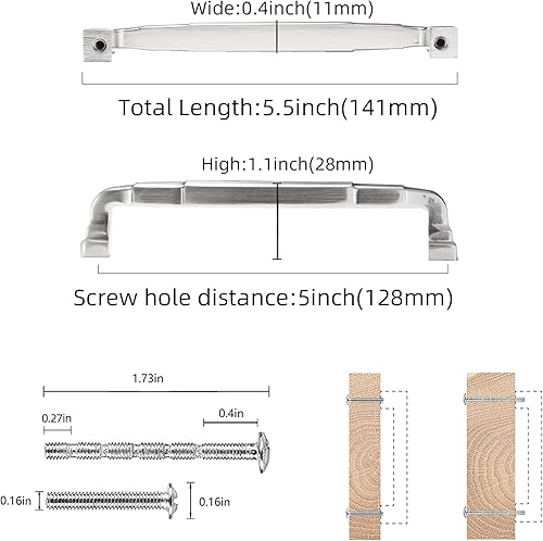 Miniatura 2 de COTYKILEY Paquete de 10 manijas de gabinete de níquel satinado cepillado de 5 pulgadas (5.039 in), tiradores de gabinete de cocina, manijas de