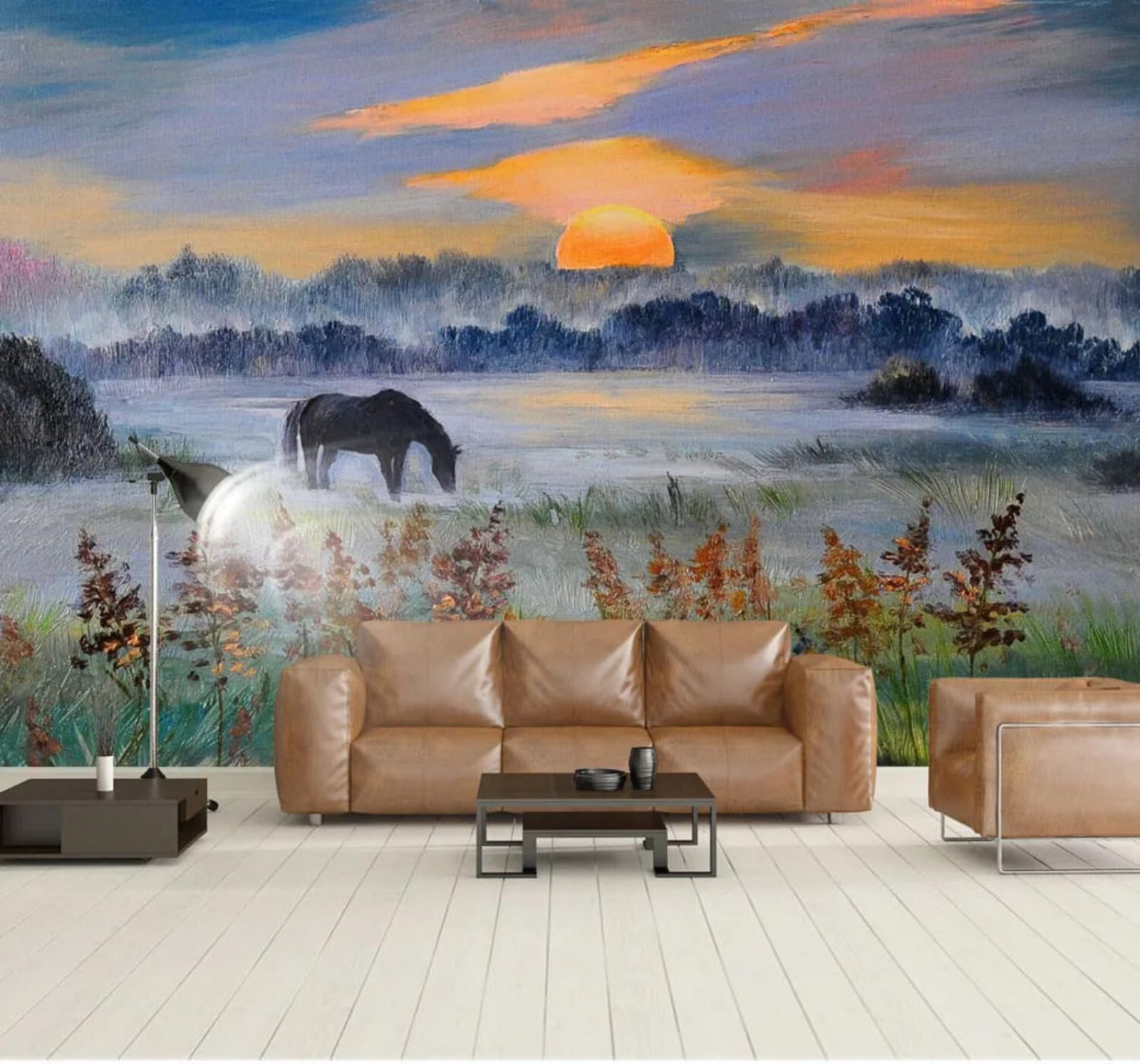 Wallpaper-3D-Xlm 250Cm×170Cm(B×H) Hand Drawn Forest Sun Horse Landscape 3D Wallpaper Easy Install Feature Office Living Room Sofa Bedroom Tv Background Wall Decoration-250Cm×170Cm