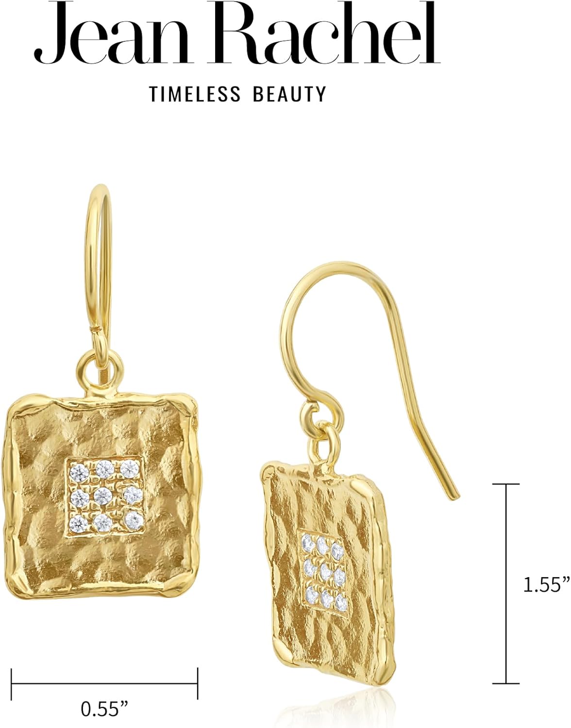 JEAN RACHEL JEWELRY 14K Gold Plated Sterling Silver Earrings for Women - Square with Cubic Zirconia Vintage Design - Hypoallergenic, Lead & Nickel Free - Artisan Handcrafted Statement Earrings