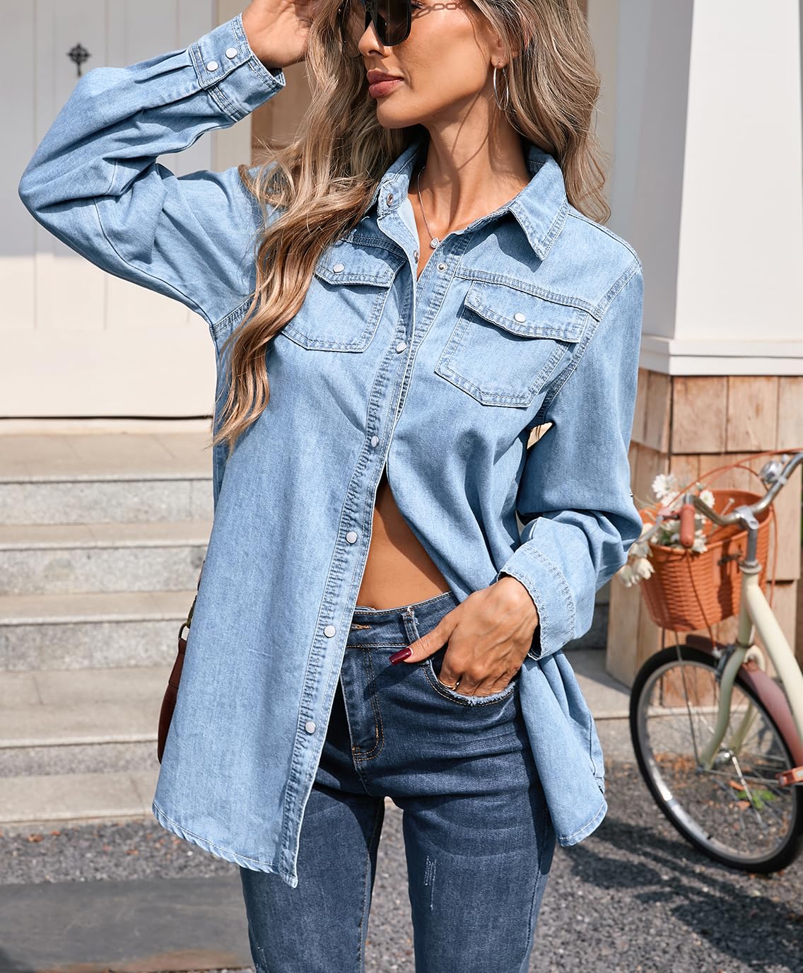 Kedera Klassische Damenbluse mit langen Ärmeln, mit Knopfleiste, Denim, Druckknopf-Oberteil