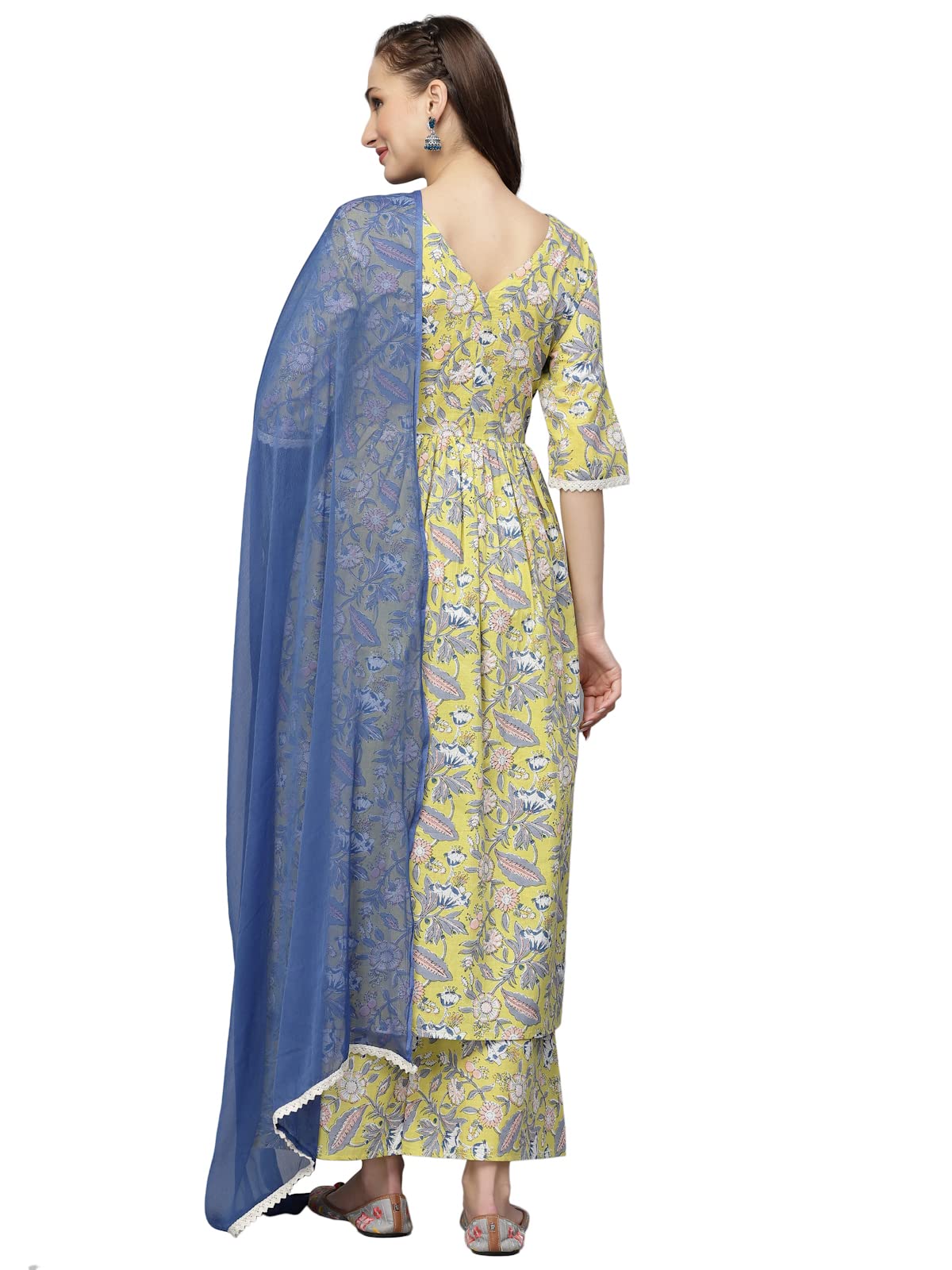 Stylum Women's Floral Printed Kurta Palazzo Dupatta Set (Kpddella42_Yellow, Xl)